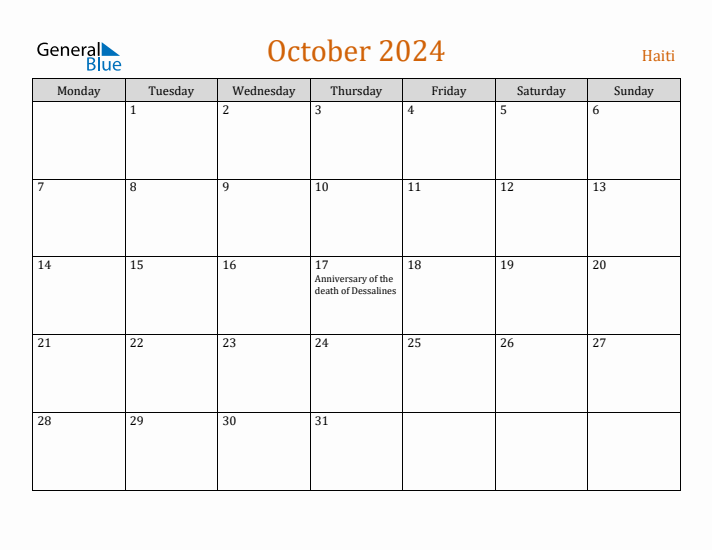 October 2024 Holiday Calendar with Monday Start