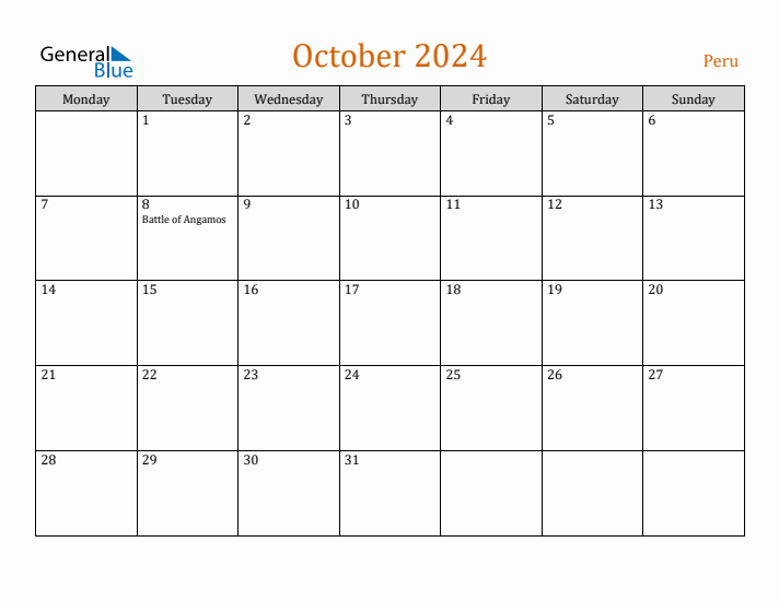 October 2024 Holiday Calendar with Monday Start