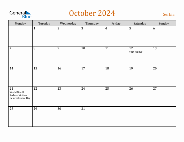 October 2024 Holiday Calendar with Monday Start