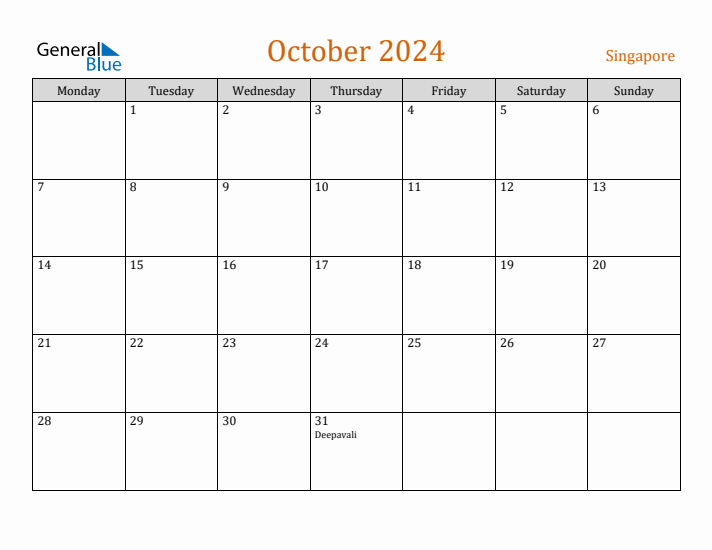 October 2024 Holiday Calendar with Monday Start