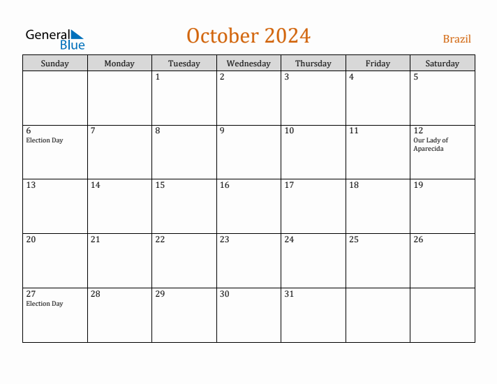 October 2024 Holiday Calendar with Sunday Start