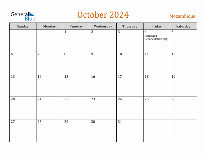 October 2024 Holiday Calendar with Sunday Start