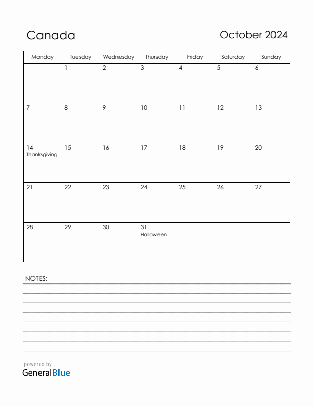 October 2024 Canada Calendar with Holidays (Monday Start)