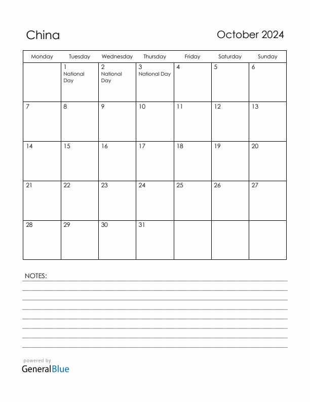 October 2024 China Calendar with Holidays (Monday Start)