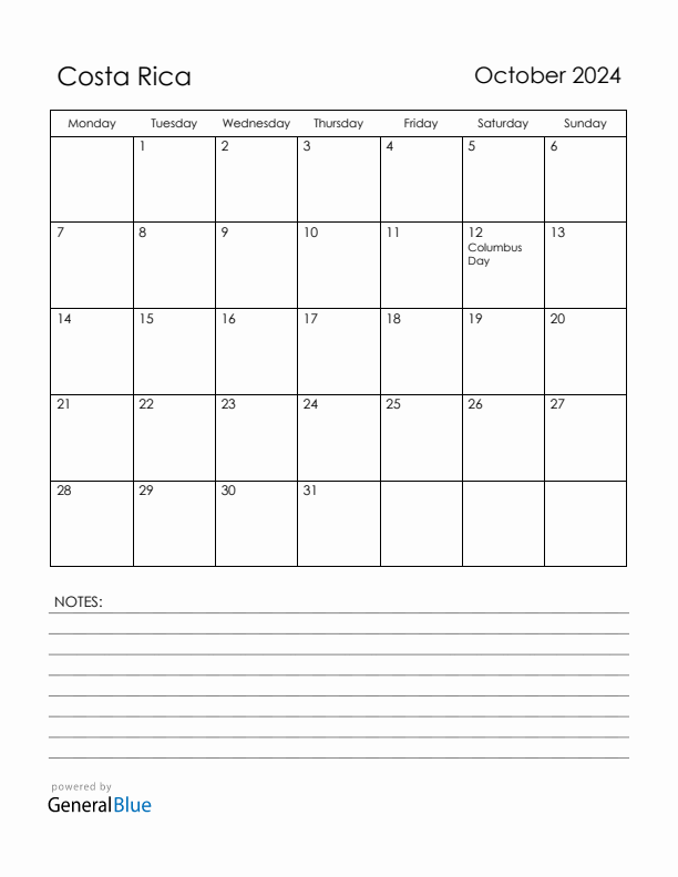 October 2024 Costa Rica Calendar with Holidays (Monday Start)