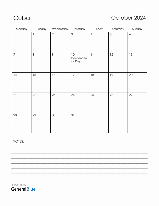 October 2024 Cuba Calendar with Holidays (Monday Start)