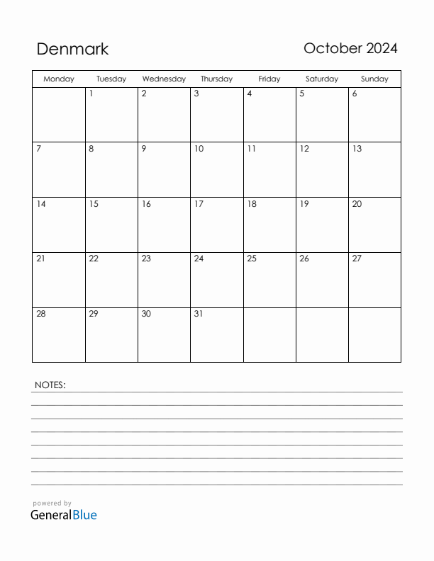 October 2024 Denmark Calendar with Holidays (Monday Start)