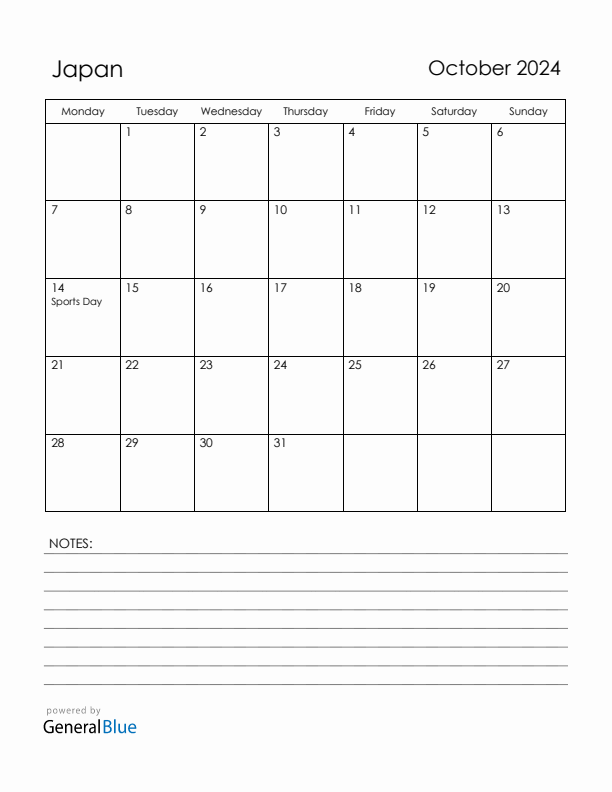 October 2024 Japan Calendar with Holidays (Monday Start)
