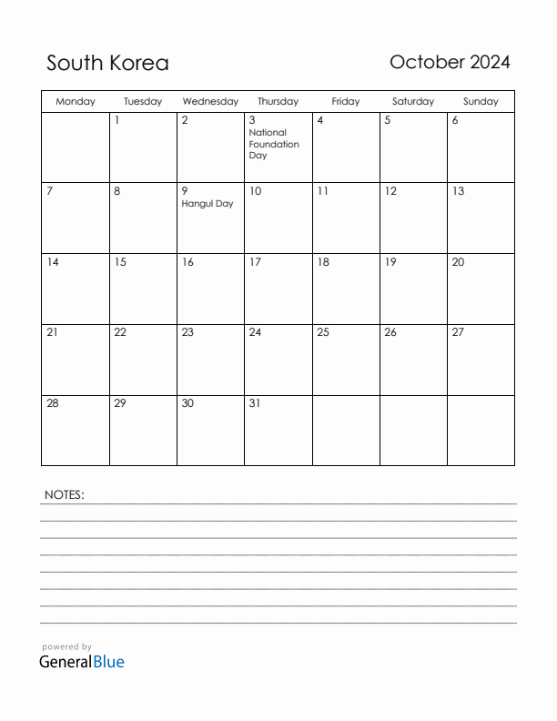 October 2024 South Korea Calendar with Holidays (Monday Start)