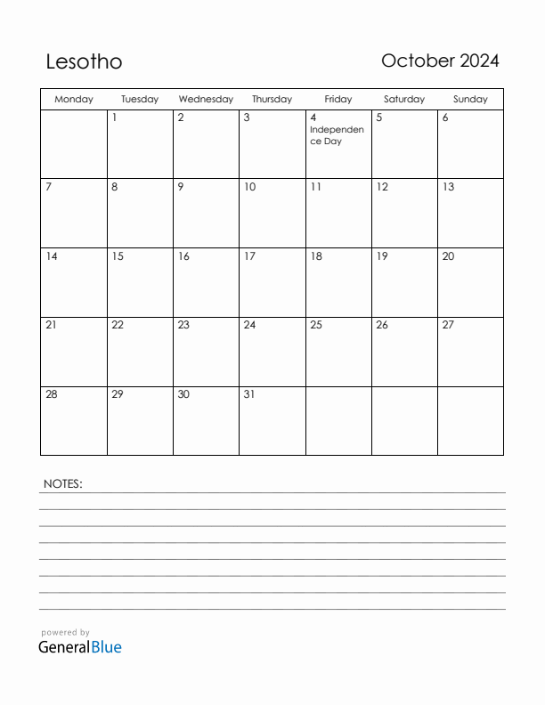 October 2024 Lesotho Calendar with Holidays (Monday Start)