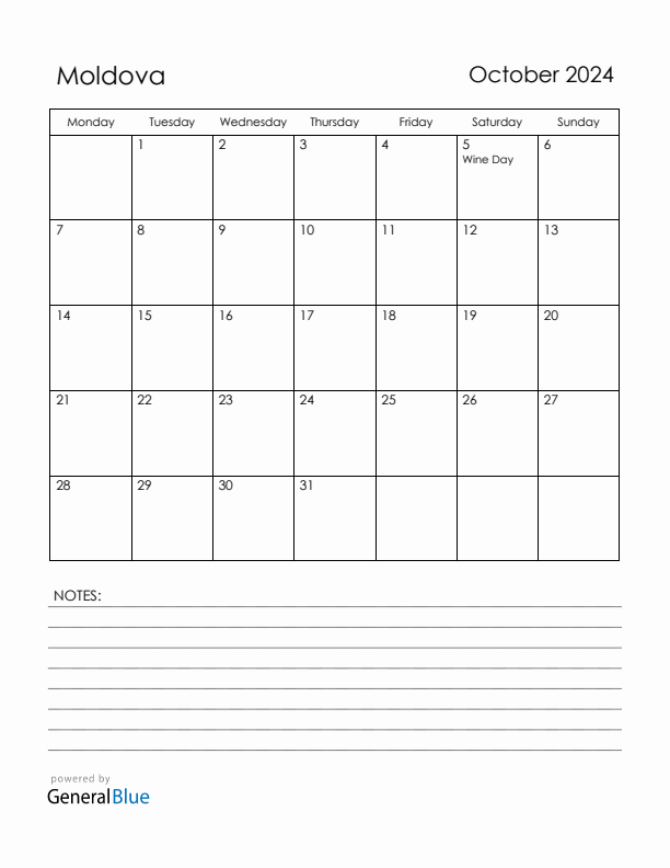 October 2024 Moldova Calendar with Holidays (Monday Start)