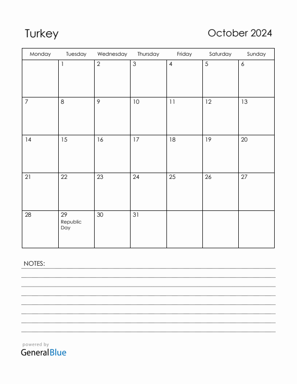 October 2024 Turkey Calendar with Holidays (Monday Start)