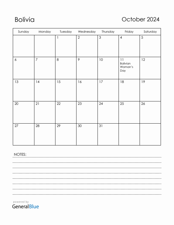 October 2024 Bolivia Calendar with Holidays (Sunday Start)