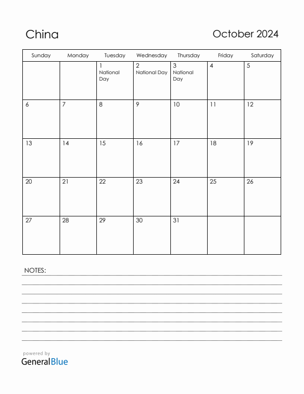 October 2024 China Calendar with Holidays (Sunday Start)