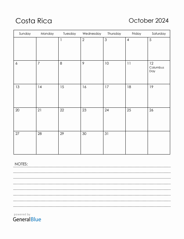 October 2024 Costa Rica Calendar with Holidays (Sunday Start)