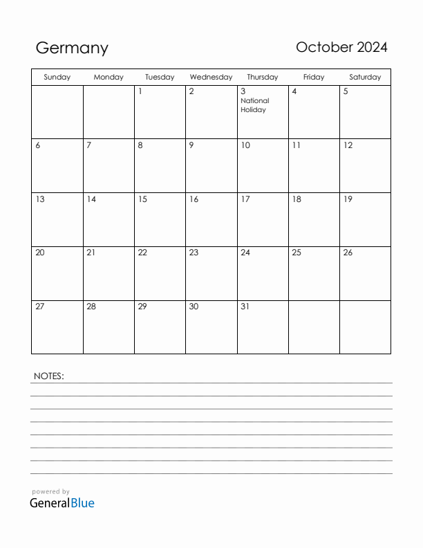 October 2024 Germany Calendar with Holidays (Sunday Start)