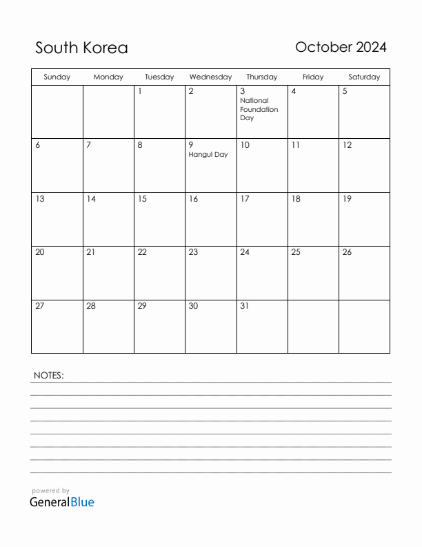 October 2024 South Korea Calendar with Holidays (Sunday Start)