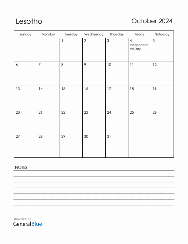 October 2024 Lesotho Calendar with Holidays (Sunday Start)