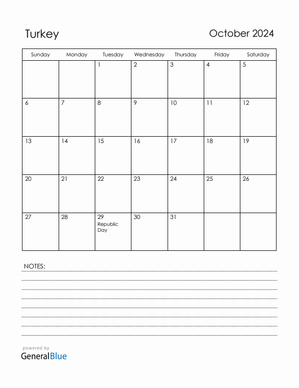 October 2024 Turkey Calendar with Holidays (Sunday Start)