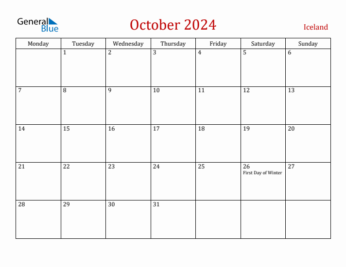 Iceland October 2024 Calendar - Monday Start