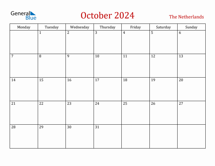 The Netherlands October 2024 Calendar - Monday Start