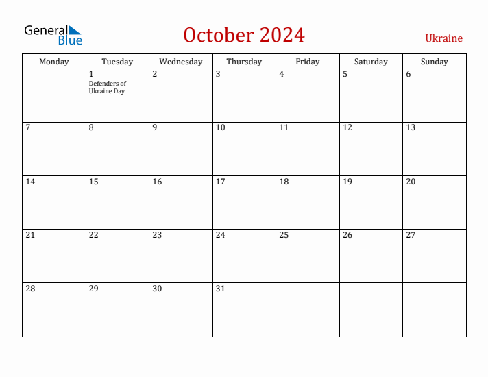 Ukraine October 2024 Calendar - Monday Start