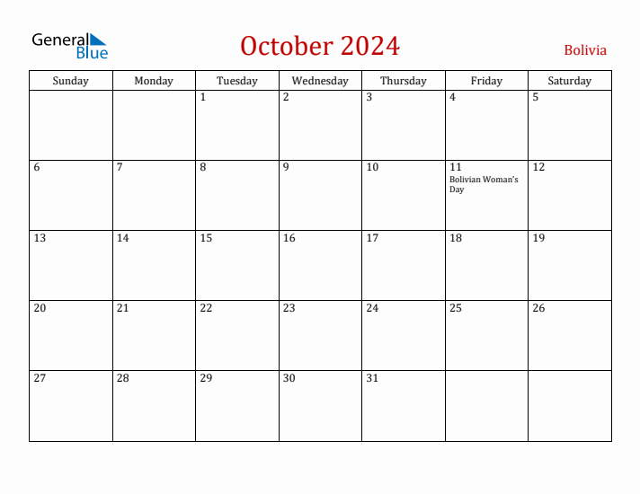 Bolivia October 2024 Calendar - Sunday Start