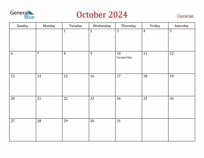 Curacao October 2024 Calendar - Sunday Start