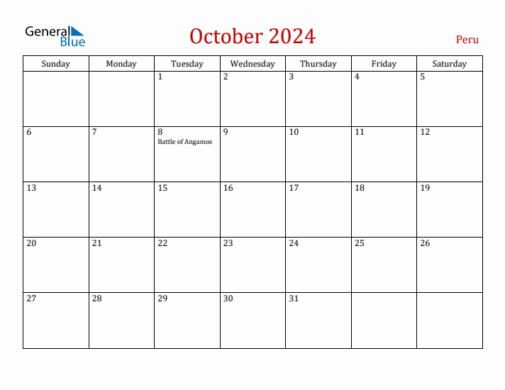 Peru October 2024 Calendar - Sunday Start