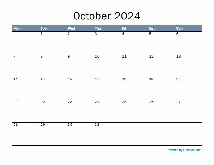 October 2024 Simple Month Calendar Template