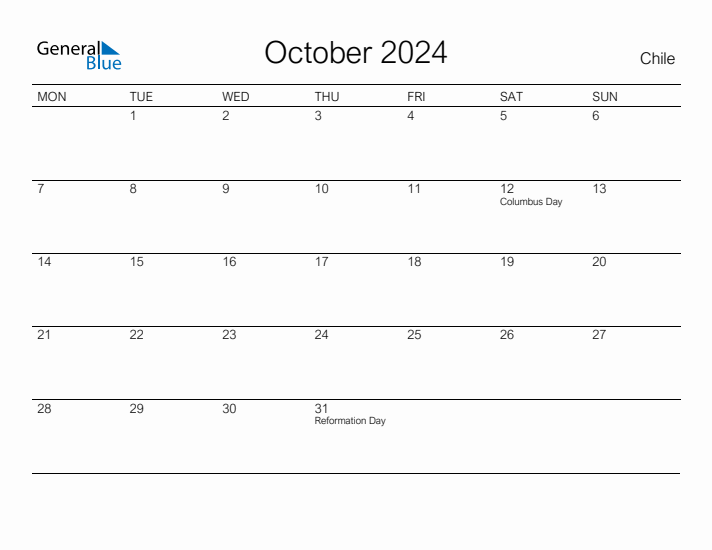 Printable October 2024 Calendar for Chile