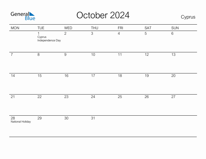 Printable October 2024 Calendar for Cyprus