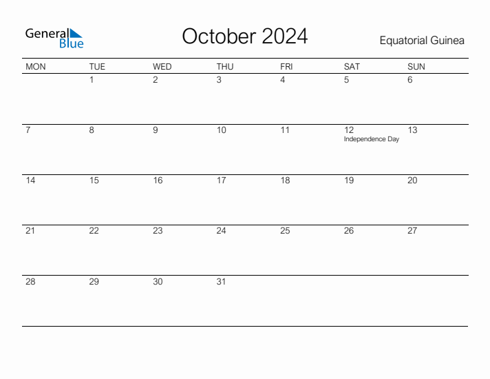 Printable October 2024 Calendar for Equatorial Guinea