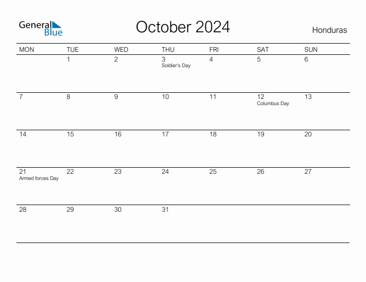 Printable October 2024 Calendar for Honduras