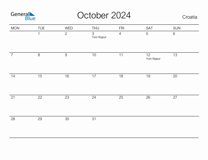 Printable October 2024 Calendar for Croatia