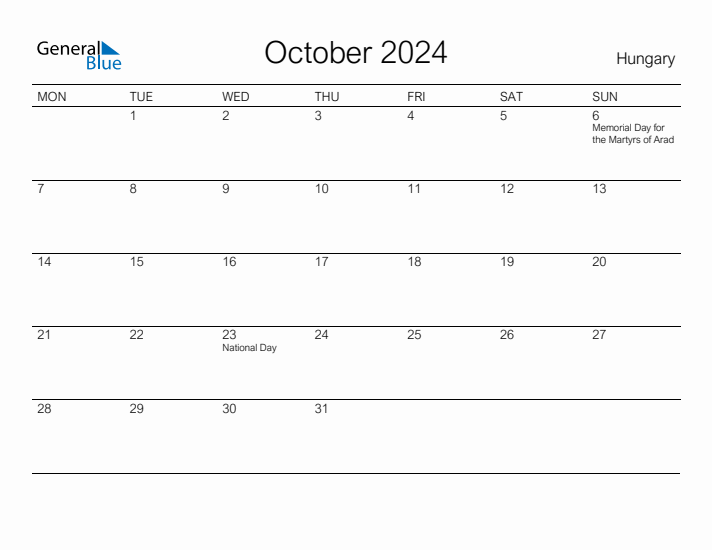 Printable October 2024 Calendar for Hungary