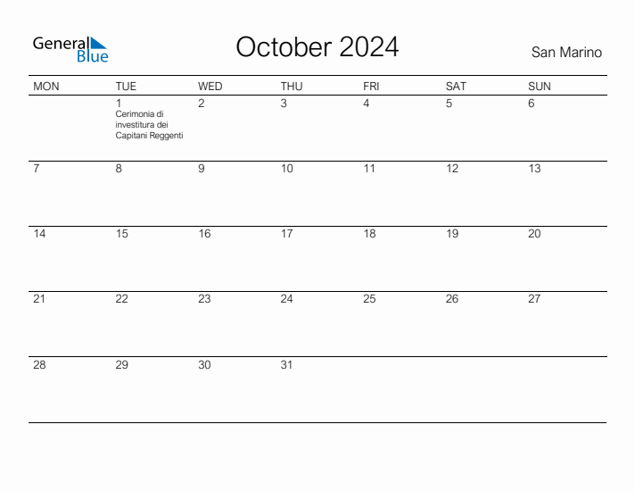 Printable October 2024 Calendar for San Marino