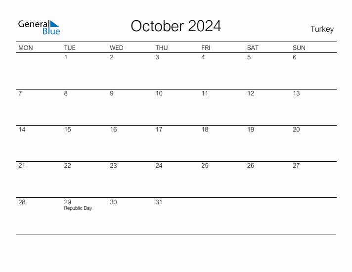 Printable October 2024 Calendar for Turkey