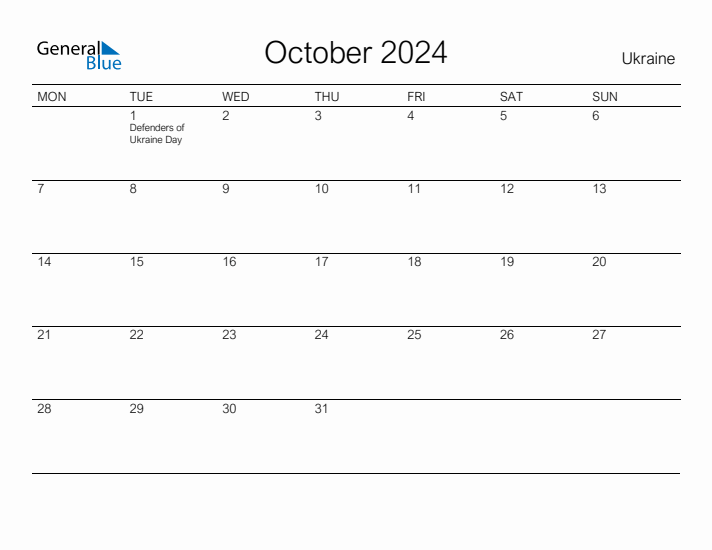 Printable October 2024 Calendar for Ukraine