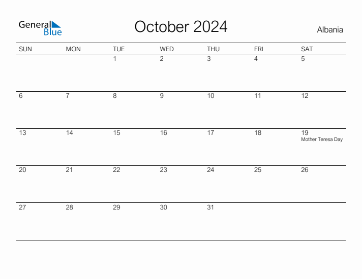 Printable October 2024 Calendar for Albania