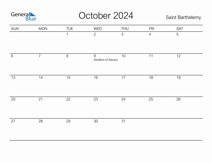 Printable October 2024 Calendar for Saint Barthelemy