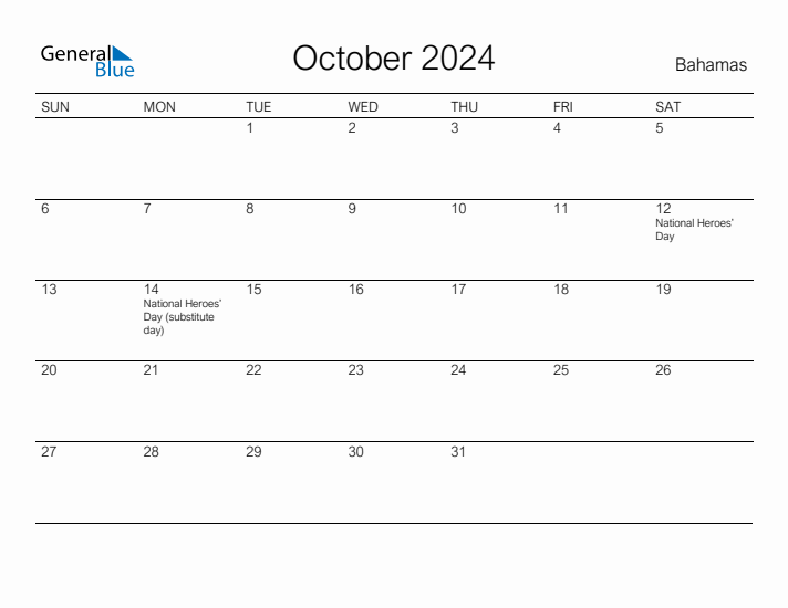 Printable October 2024 Calendar for Bahamas