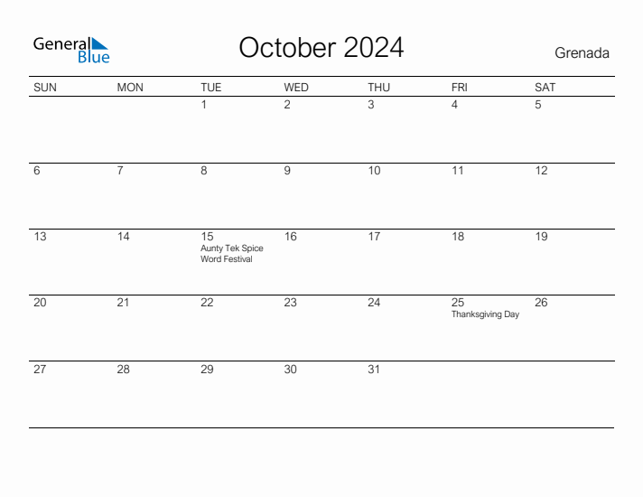 Printable October 2024 Calendar for Grenada