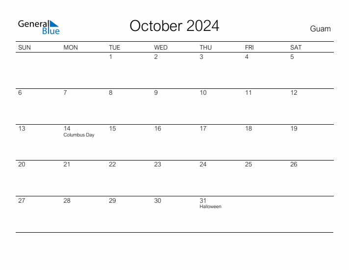 Printable October 2024 Calendar for Guam