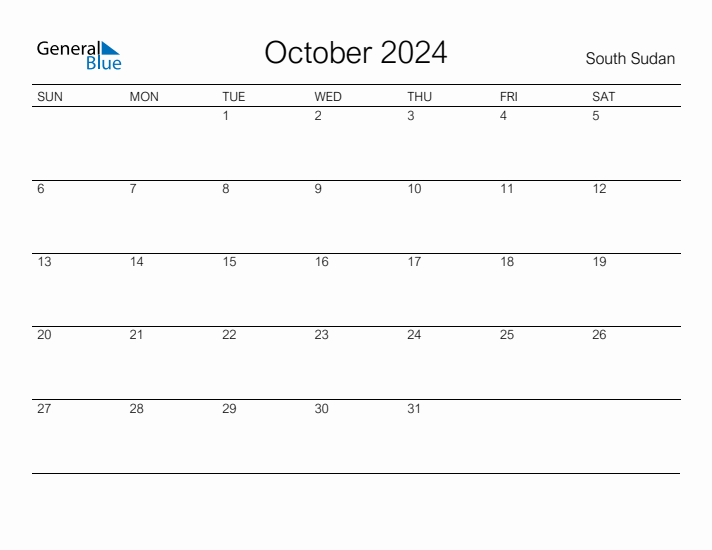 Printable October 2024 Calendar for South Sudan