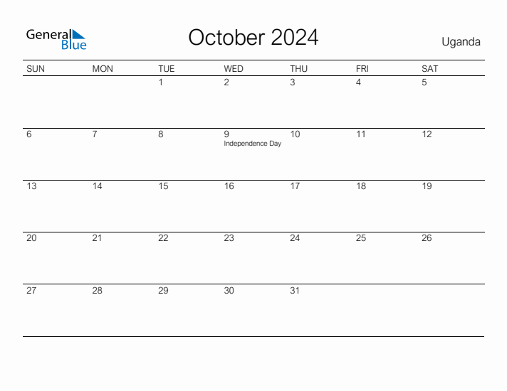 Printable October 2024 Calendar for Uganda