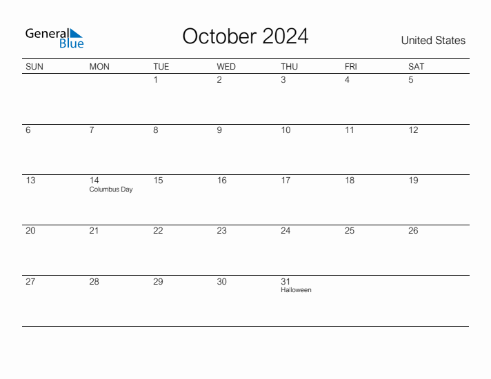 Printable October 2024 Calendar for United States