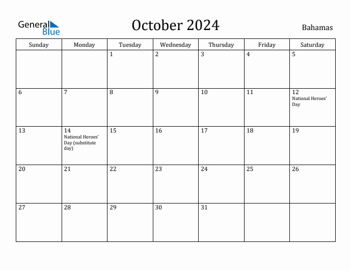 October 2024 Calendar Bahamas