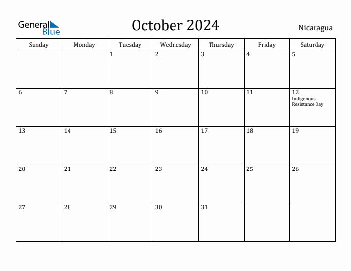 October 2024 Calendar Nicaragua