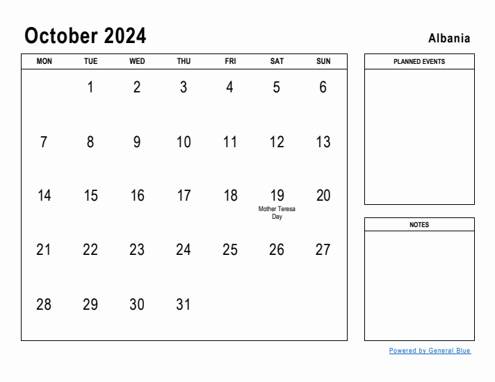 October 2024 Printable Monthly Calendar with Albania Holidays